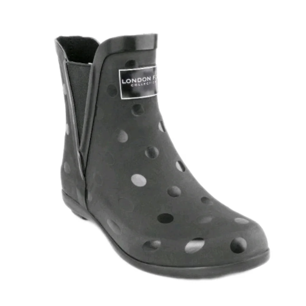 London Fog Picadilly Rain Boot Black Polka Dot Women's 9M